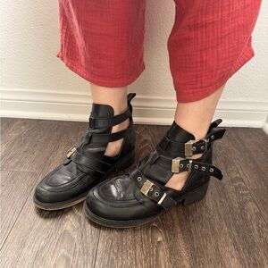 Black Leather Buckle Cutout Ankle Shoes